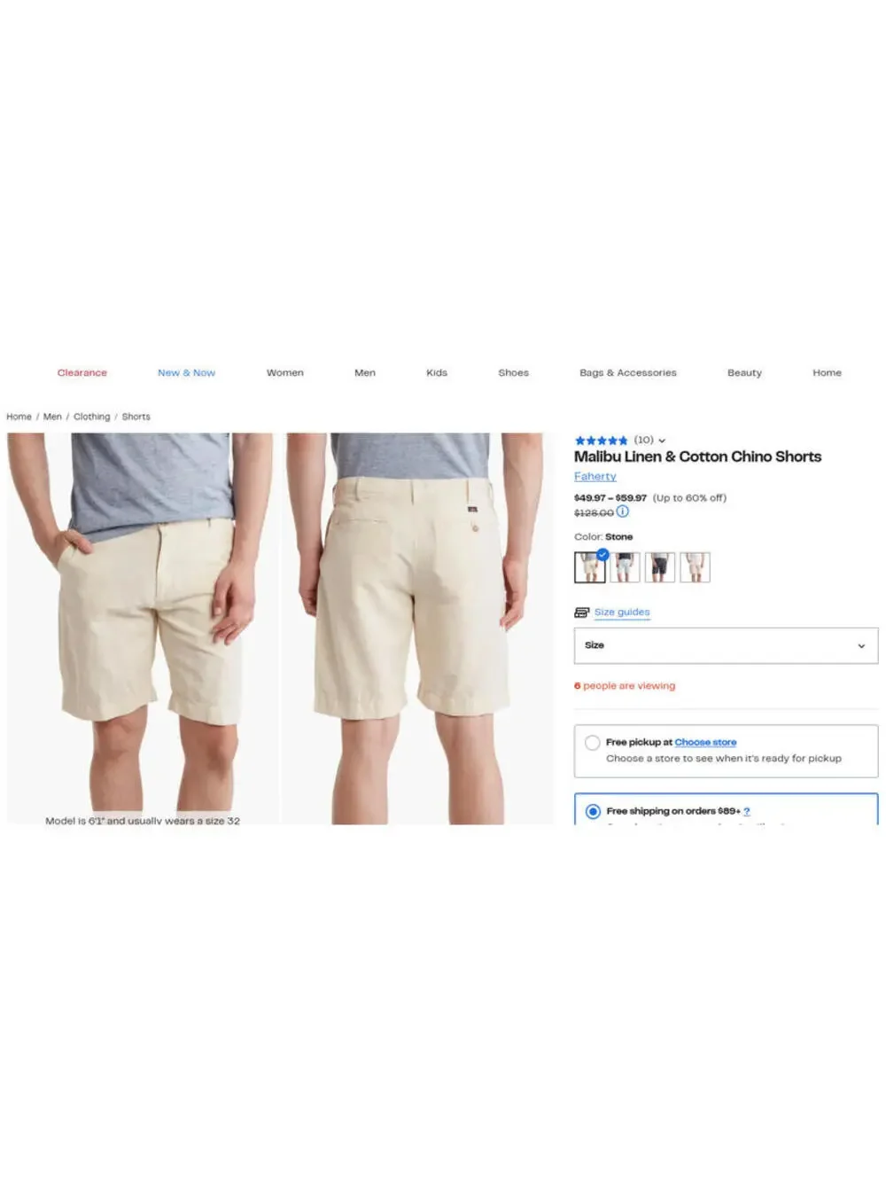 Faherty Shorts Men 38x9 Malibu Linen & Cotton Chino Shorts in Stone MBU2263-STN
